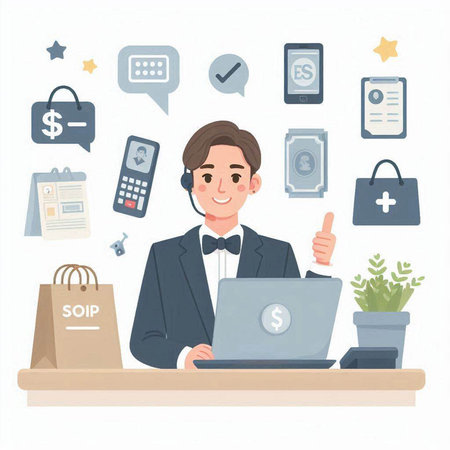 Businessman with laptop and online shopping icons. Vector illustration in cartoon styleのイラスト素材