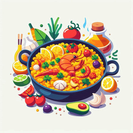 Seafood paella in a pan. Vector illustration in flat styleのイラスト素材