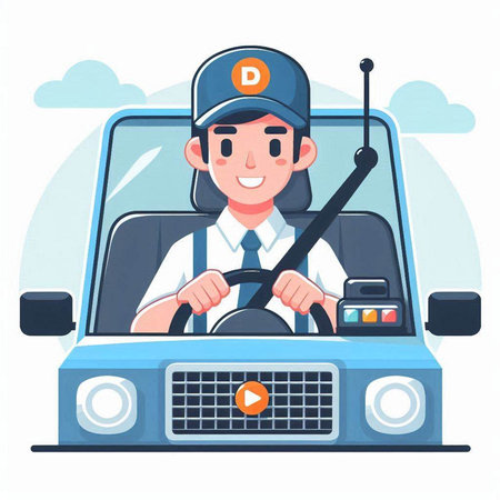 Police officer driving a car. Vector illustration in a flat style.のイラスト素材