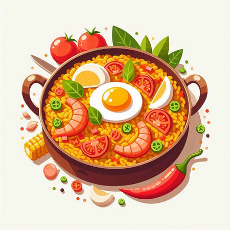 Illustration of paella with prawns, tomatoes and eggsのイラスト素材