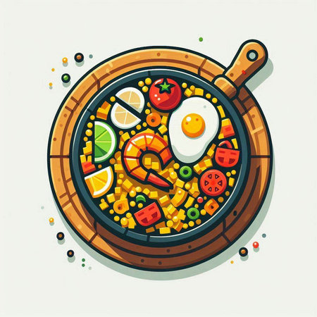 Fried egg with vegetables in a frying pan. Vector illustration.のイラスト素材