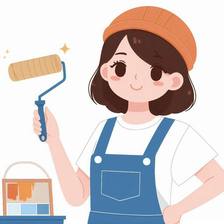Woman painting a wall with paint roller. Vector illustration in cartoon style.のイラスト素材