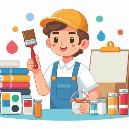 Painter boy with paint brushes and painting tools. Vector illustration.のイラスト素材