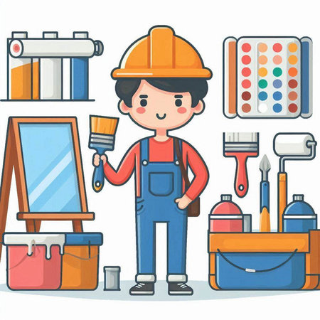Painter with tools. Vector illustration in cartoon style. Isolated on white background.のイラスト素材