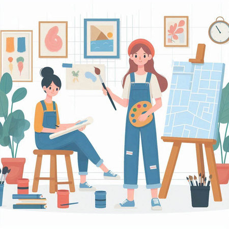 Painting, art school concept. Young woman artist drawing picture on canvas in workshop. Vector illustration.のイラスト素材