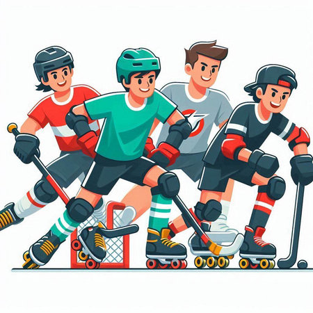 Vector illustration of a group of friends on roller skates and helmets.のイラスト素材