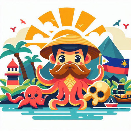 Vector illustration of a man in a hat with a mustache and a big octopus on the background of the sea.のイラスト素材