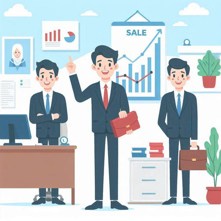 Businessman standing in front of his desk. Vector illustration in flat style.のイラスト素材