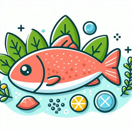 Vector illustration of a fresh fish with leaves, sea food and lemon slices.のイラスト素材