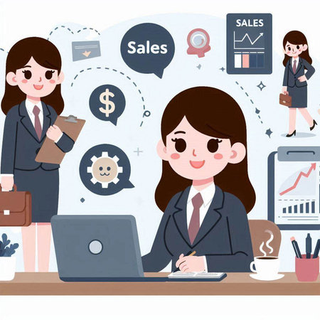 Business woman working with a laptop in the office. Vector illustration.のイラスト素材