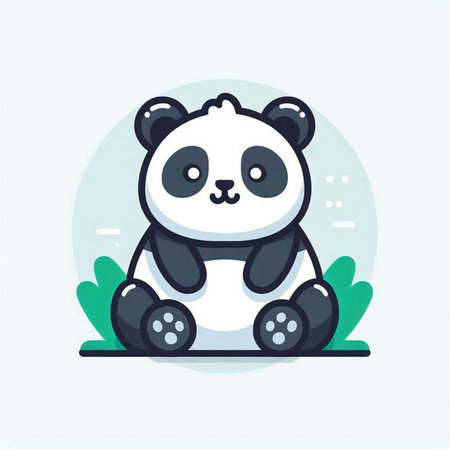 Cute panda sitting on the grass. Vector flat illustration.のイラスト素材