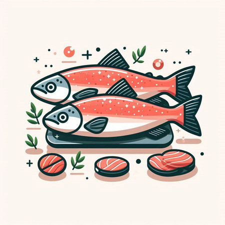 Vector illustration of fresh salmon fish with seaweed in flat style.のイラスト素材
