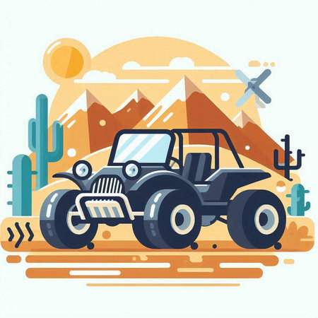 Off-road vehicle in the desert. Vector illustration in flat styleのイラスト素材