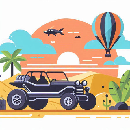 Traveling by quad bike on the road. Vector illustration in flat styleのイラスト素材