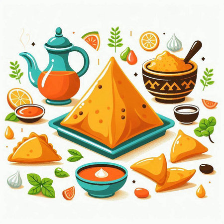 Vector illustration with traditional indian food. Nachos, guacamole, nachos.のイラスト素材