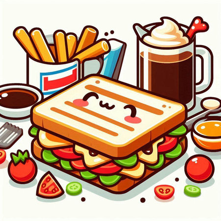 Illustration of a sandwich with coffee and french fries on a white backgroundのイラスト素材