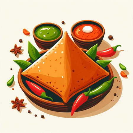 Nachos with spices and herbs. Vector illustration of traditional indian food.のイラスト素材