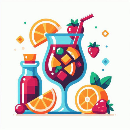 Cocktail with orange, strawberry and mint. Vector illustration.のイラスト素材
