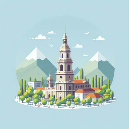 Vector illustration of Roman Catholic church on the background of mountains and skyのイラスト素材