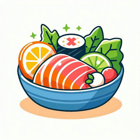 Vector illustration of salmon in a bowl with vegetables. Healthy food.のイラスト素材