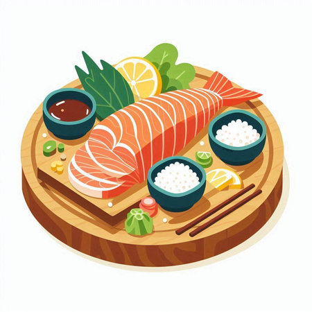 Illustration of Salmon Sashimi Served on Round Wooden Boardのイラスト素材