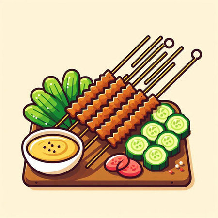 Illustration of grilled pork and cucumber on wooden skewers.のイラスト素材