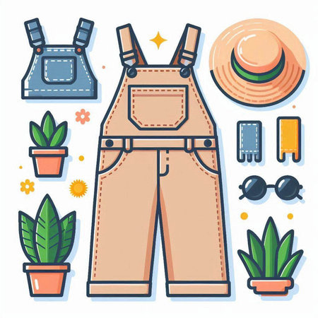 Dungarees, hat, sunglasses, potted plants and other accessories. Vector illustration.のイラスト素材