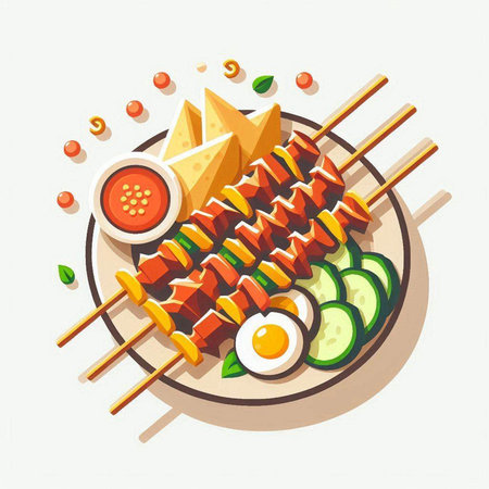 Skewers with sauce and vegetables on a plate. Vector illustration.のイラスト素材