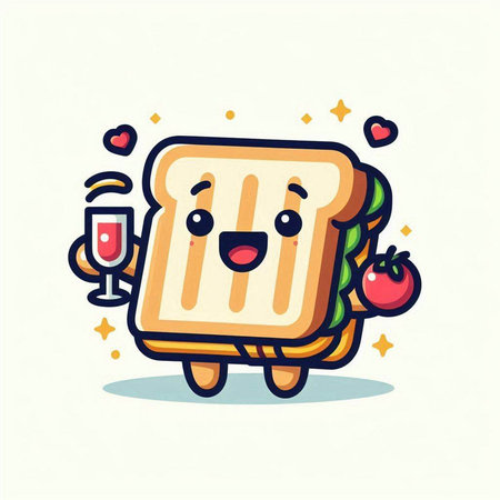 Cute Toast Cartoon Mascot Character with a glass of wineのイラスト素材