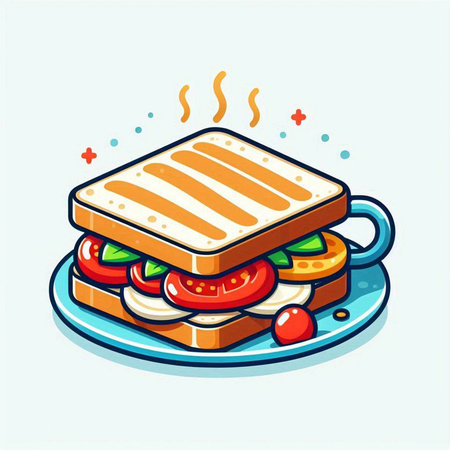 Vector illustration of a sandwich with tomato and cheese on a plate.のイラスト素材