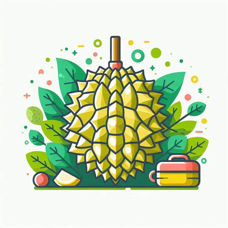 Vector illustration of ripe durian with green leaves on white background.のイラスト素材