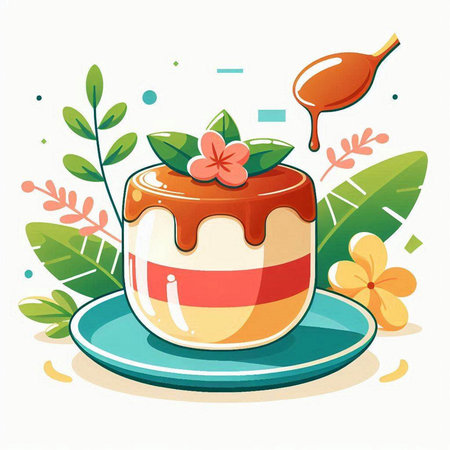 Vector illustration of a delicious dessert on a platerated with flowers and leaves.のイラスト素材