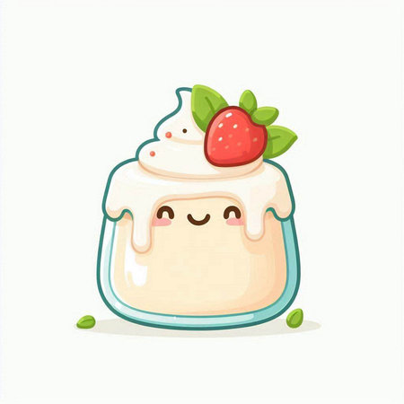 Cute cartoon yogurt with strawberry on white background. Vector illustration.のイラスト素材