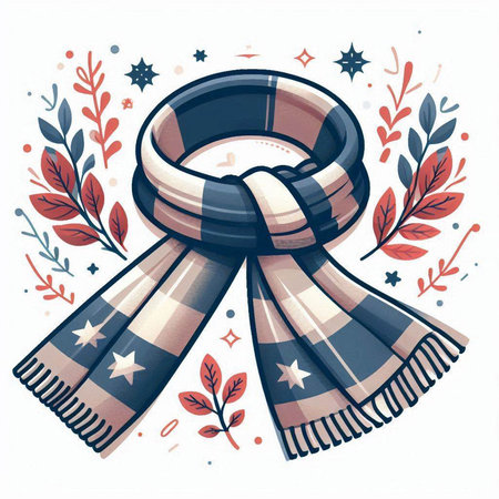 Vector illustration of a winter scarf with stars and leaves on white backgroundのイラスト素材
