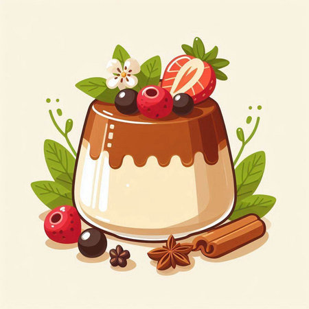 Chocolate pudding with berries and cinnamon. Vector illustration in cartoon style.のイラスト素材