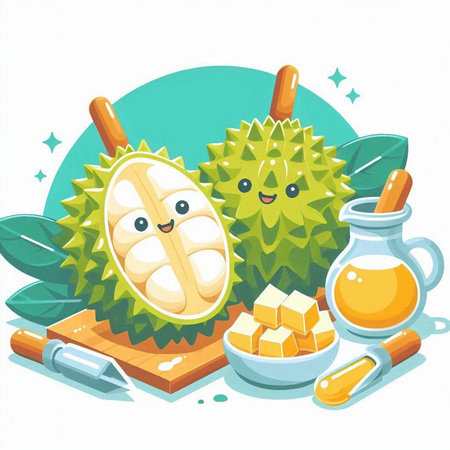 Illustration of Durian Fruit Mascot Character and Vitaminsのイラスト素材