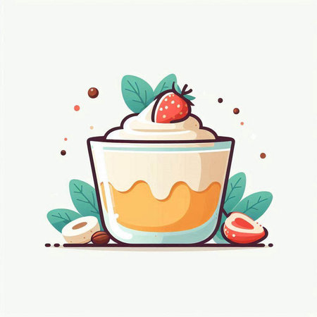 Dessert in a glass cup with strawberries and cream. Vector illustration.のイラスト素材