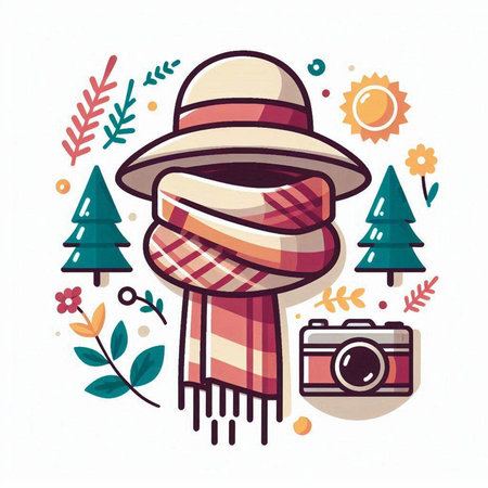 Vector illustration of hat, scarf, camera and christmas trees. Flat style.のイラスト素材