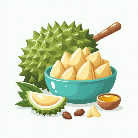 Durian fruit in a bowl isolated on white background. Vector illustration.のイラスト素材