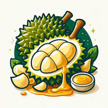 Vector illustration of fresh durian with leaves and honey in bowl.のイラスト素材