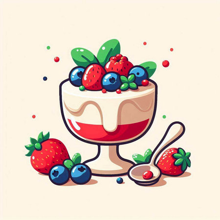 Vector illustration of a yogurt in a glass bowl with berries and spoonのイラスト素材