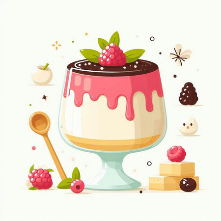 Chocolate and raspberry dessert in a glass cup. Vector illustration.のイラスト素材