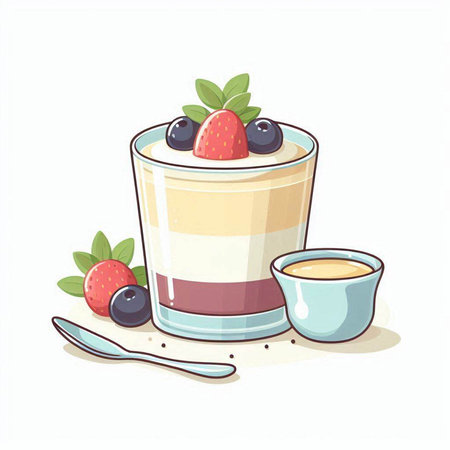 Panna cotta in a glass with strawberries and blueberries. Vector illustration.のイラスト素材