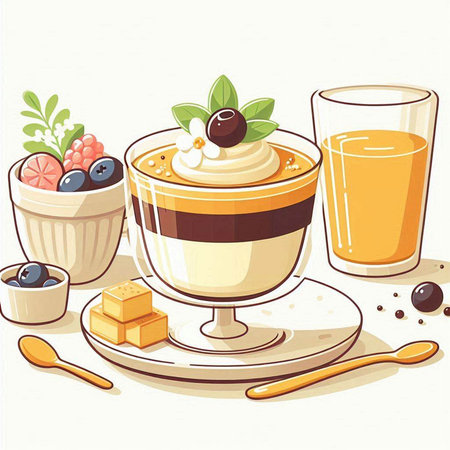 Illustration of a delicious dessert in a cup and a glass of juiceのイラスト素材