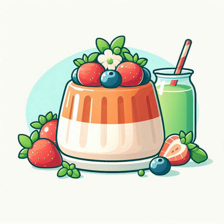 Panna cotta with fresh berries and smoothie. Vector illustration.のイラスト素材