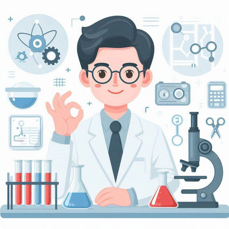 Scientist in lab coat and eyeglasses. Vector illustration.のイラスト素材