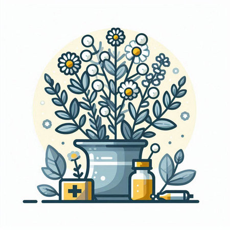 Flower pot with chamomile flowers and medical tools. Vector illustration.のイラスト素材