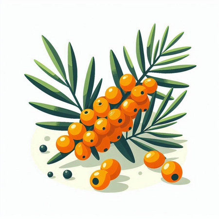 Sea buckthorn berries and leaves on white background. Vector illustration.のイラスト素材