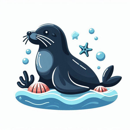 Cute cartoon seal in the sea. Vector illustration isolated on white background.のイラスト素材