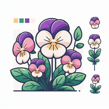 Colorful pansy flowers. Vector illustration in doodle style.のイラスト素材